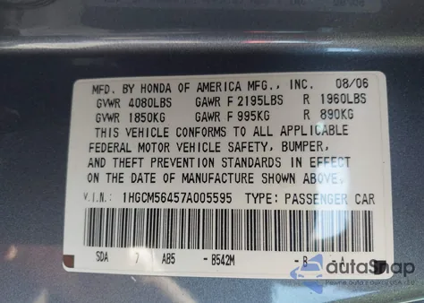 2007 Honda Accord 2.4 Lx z USA, uszkodzony, nr VIN 1HGCM56457A005595